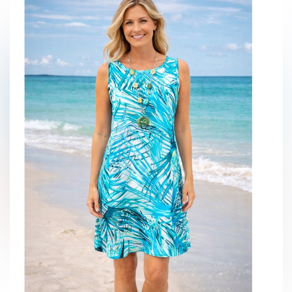 Robbie Bee Turquoise Palm-Print Asymmetrical Dress